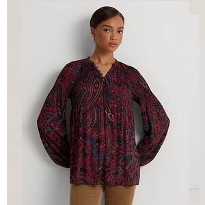 Lauren Ralph Lauren Paisley Pleated Georgette Blouse Womens XXS Red Business Cas